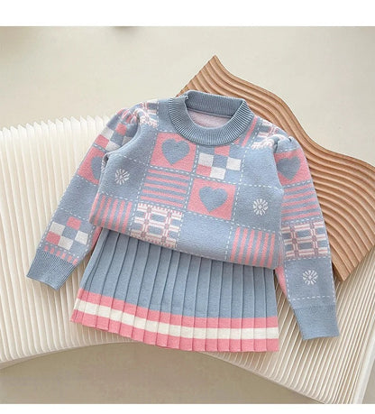 Cozy Heart Pattern Sweater and Pleated Skirt Set for Kids