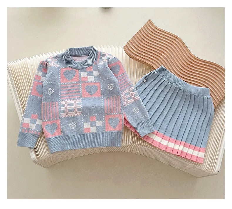 Cozy Heart Pattern Sweater and Pleated Skirt Set for Kids