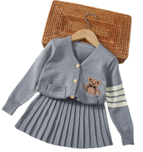 Teddy Bear Cardigan and Pleated Skirt Set for Kids