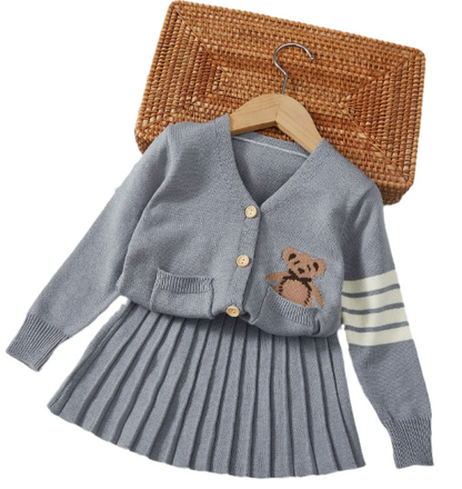 Teddy Bear Cardigan and Pleated Skirt Set for Kids