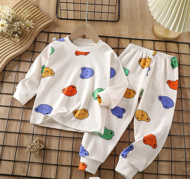 Teddy Bear Print Cozy Kids’ Loungewear Set | White