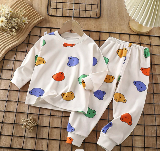 Teddy Bear Print Cozy Kids’ Loungewear Set | White