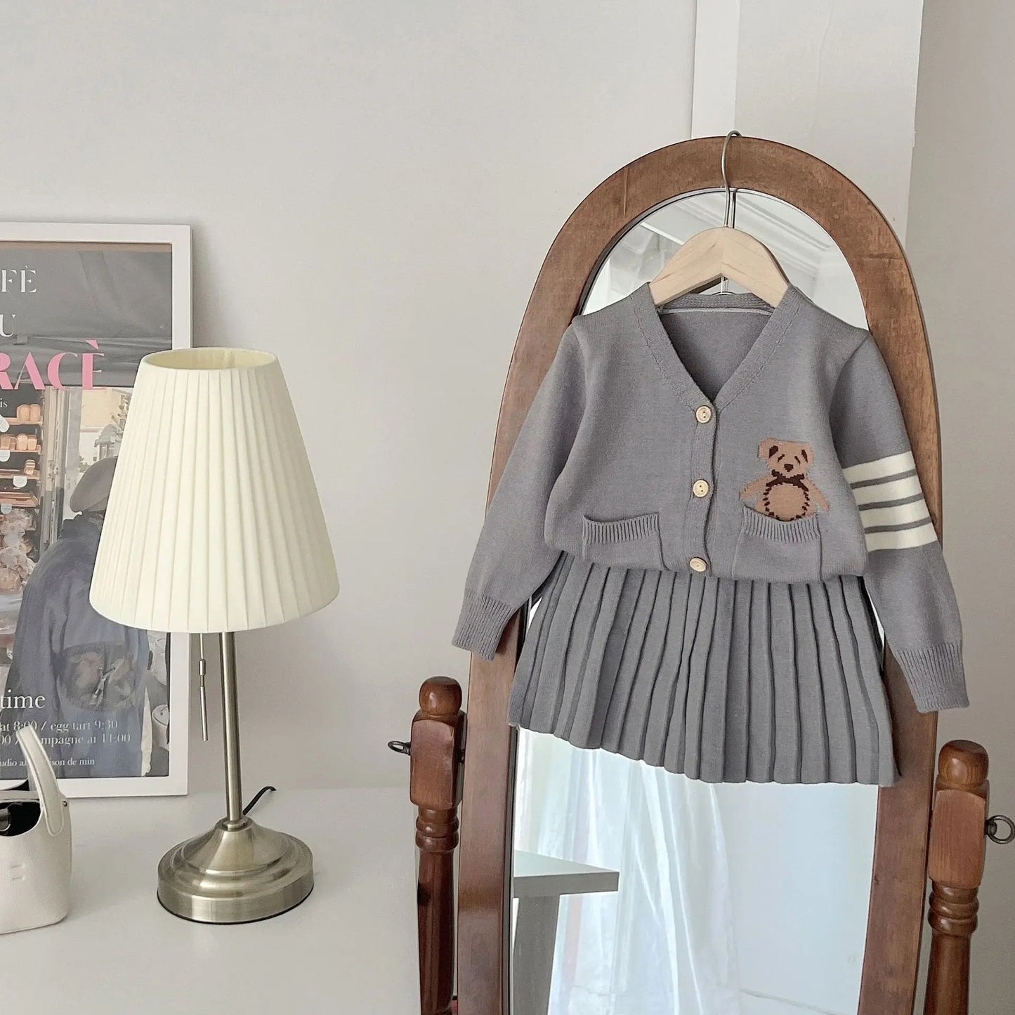 Teddy Bear Cardigan and Pleated Skirt Set for Kids