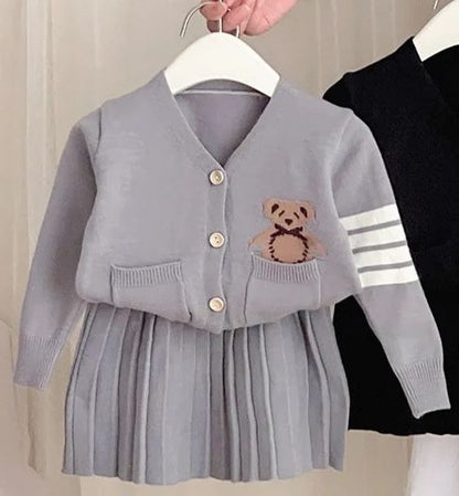 Teddy Bear Cardigan and Pleated Skirt Set for Kids