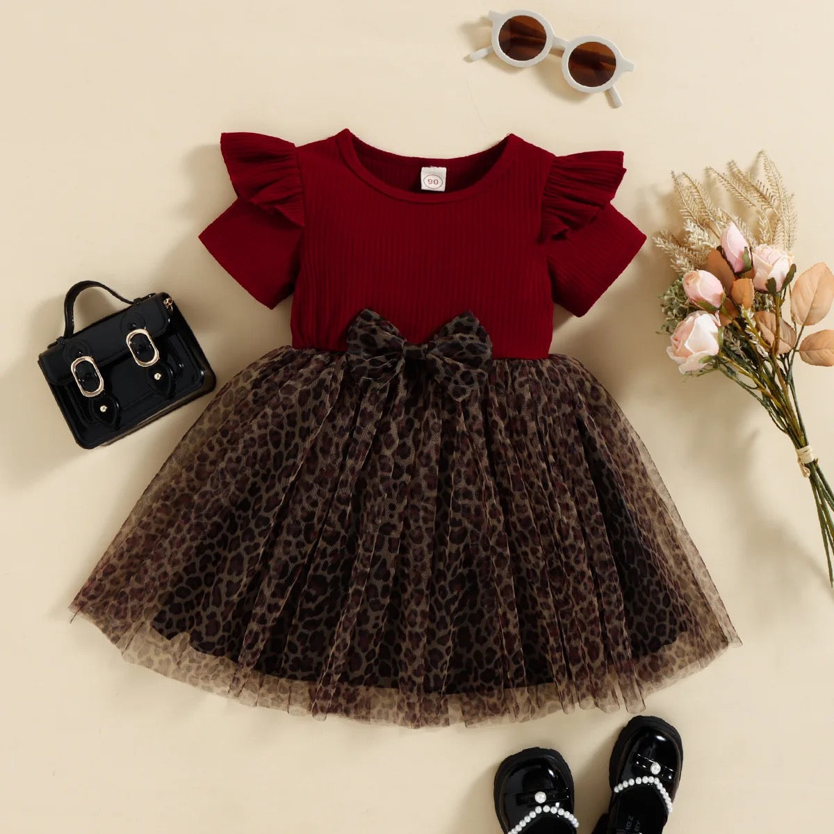 Chic Ruffle-Sleeve Top and Leopard Tulle Skirt Set for Girls